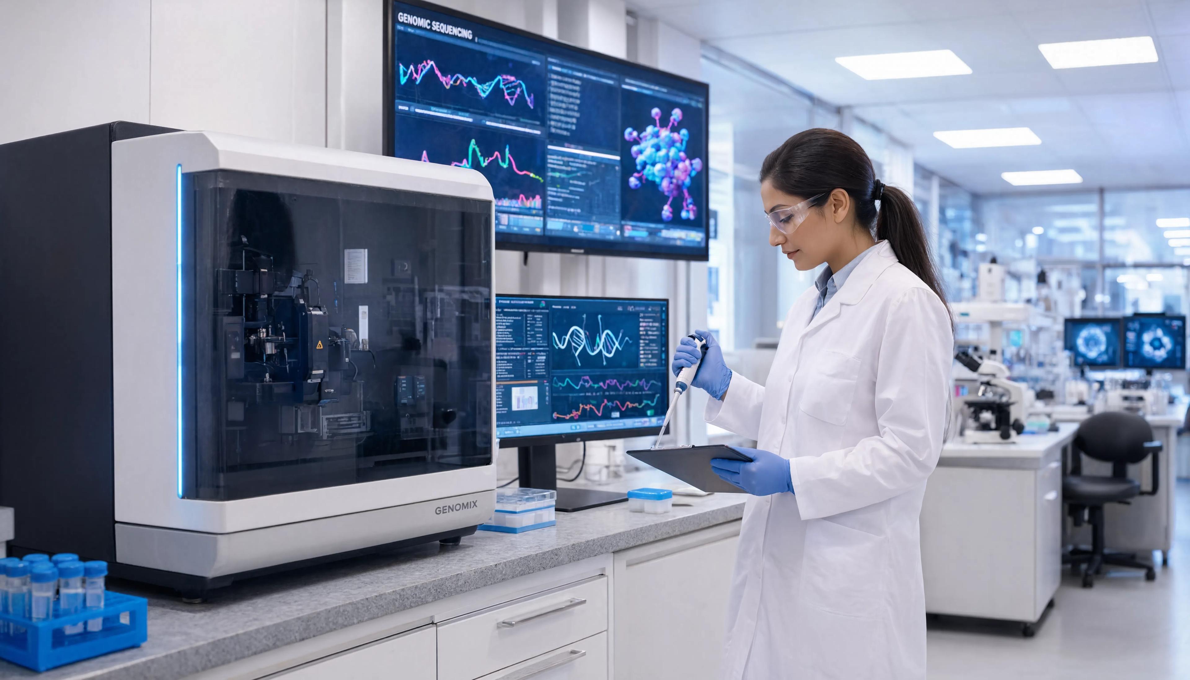 Scientist analyzing genomic data in a molecular diagnostics lab